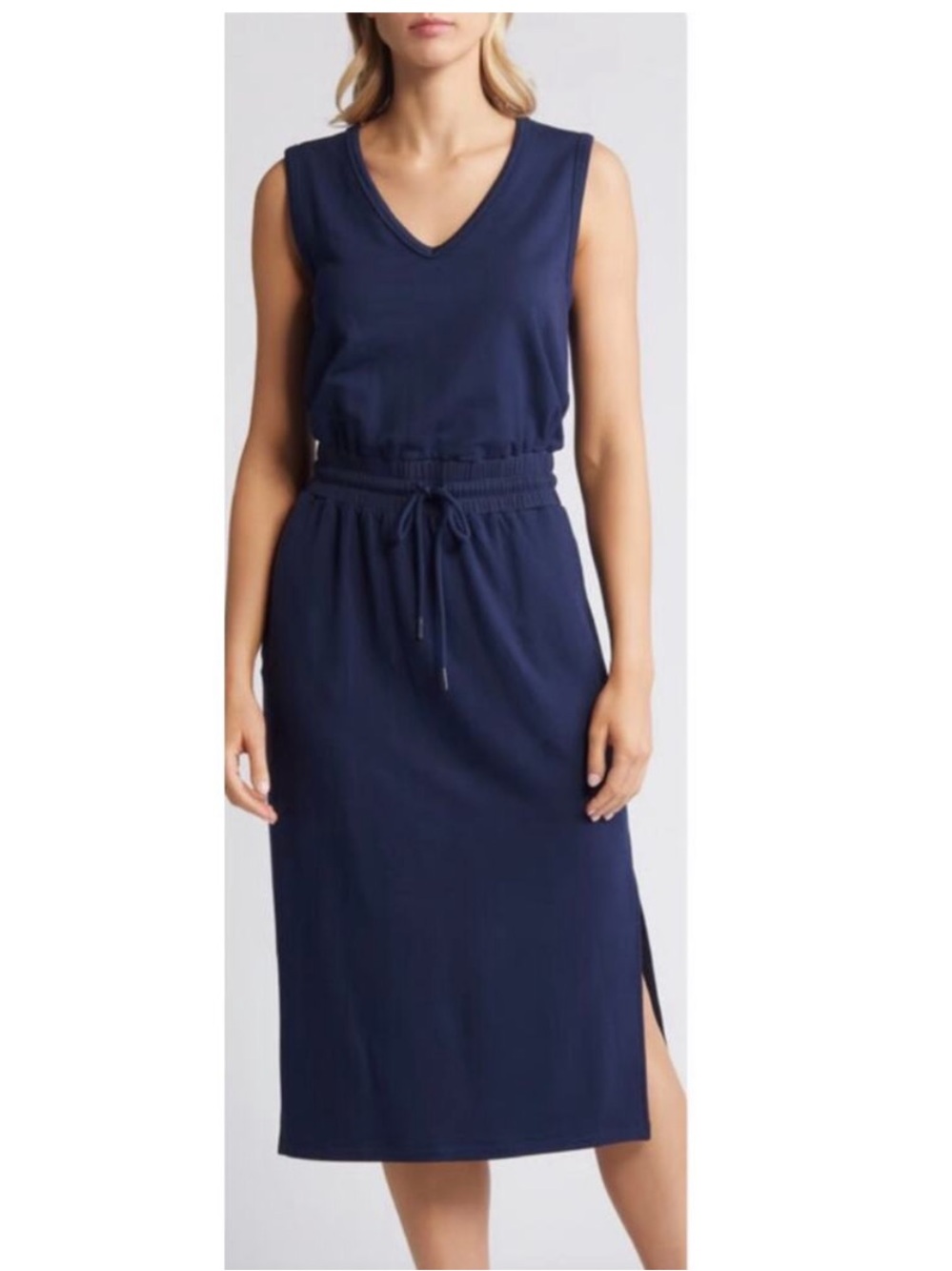 Evereve Navy Sleeveless V-Neck Drawstring Midi Dress